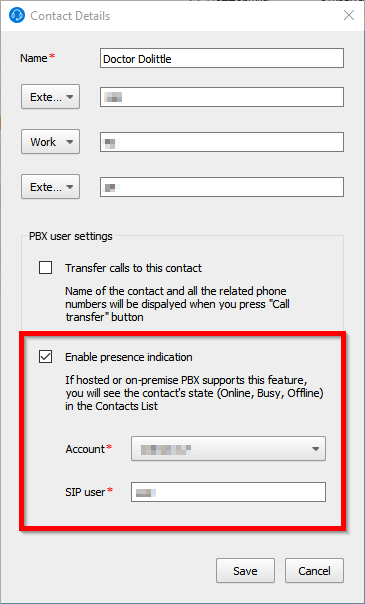 Presence indication SIP settings