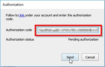 Paste authorization code and click Send button